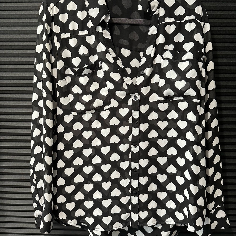 Express Black and White Hearts Button Down Shirt